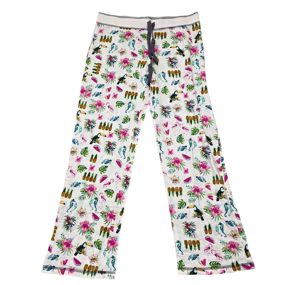 PJ Salvage Tropical Toucan Pajama Pants Women L White Cotton Rayon Drawstring